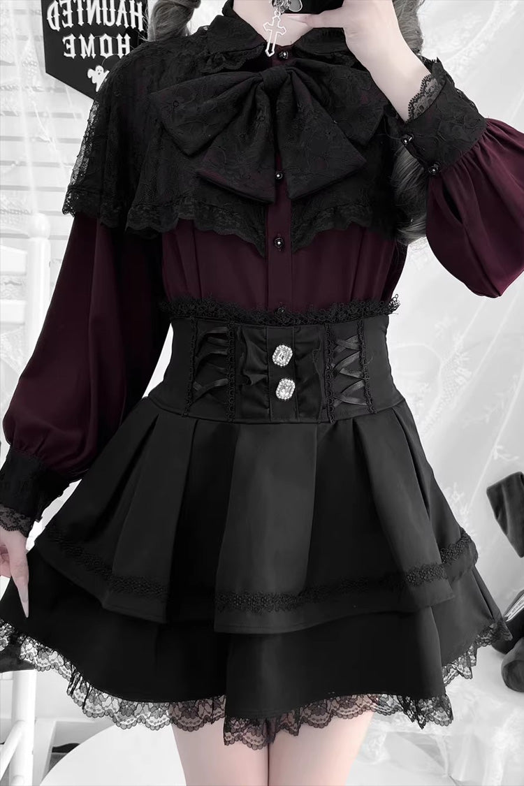 [Dark Moon Shadow] Long Sleeves Double-Layered Ruffled Embroidered Bow Lace-Up Gothic Jirai Kei Lolita Top + Skirt Set - Product - 7