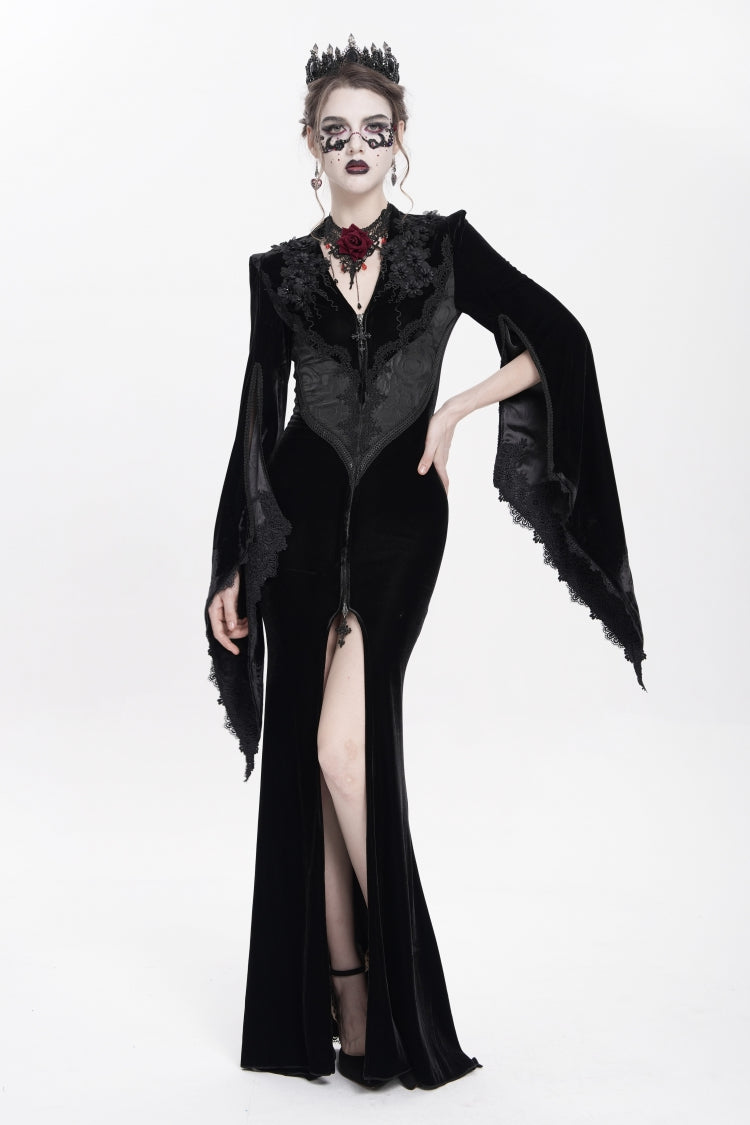 Black V Collar Long Trumpet Sleeves Floral Embroidered Velvet Women's Gothic Dress - Product - 5