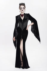 Black V Collar Long Trumpet Sleeves Floral Embroidered Velvet Women's Gothic Dress - Product - 5
