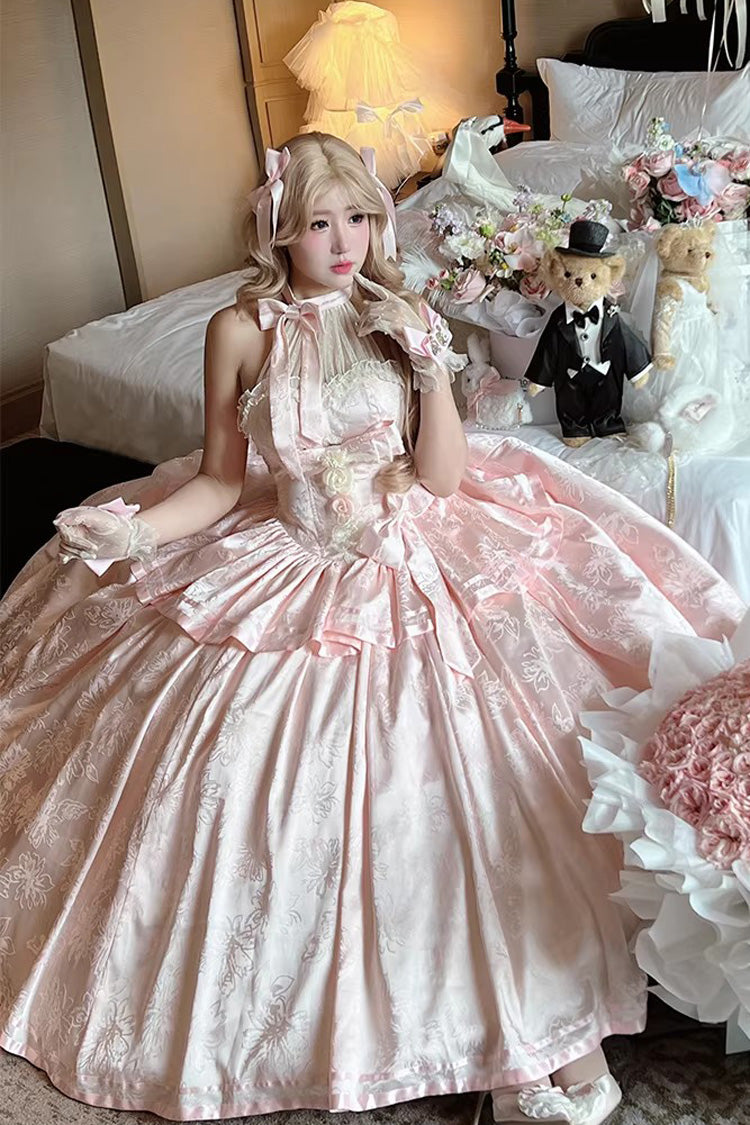 Pink [Softly Into Dreams] Halterneck Sleeveless Double-Layered Printed Ruffled Bow Lace Sweet Elegant Princess Gorgeous Lolita Jsk Long Dress - Product - 6
