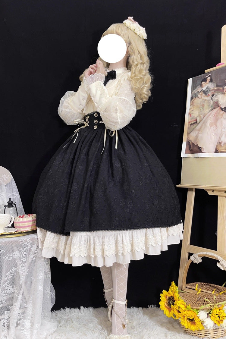 Black [Heart of Rose] High Waisted Ruffle Embroidery Lace-Up Sweet Vintage Elegant Palace Lolita Skirt - Product - 12