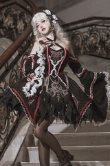 Black [Phantom Devourer] Off Shoulder Long Hime Sleeves Print Embroidery Gothic Lolita Dress - Product - 5