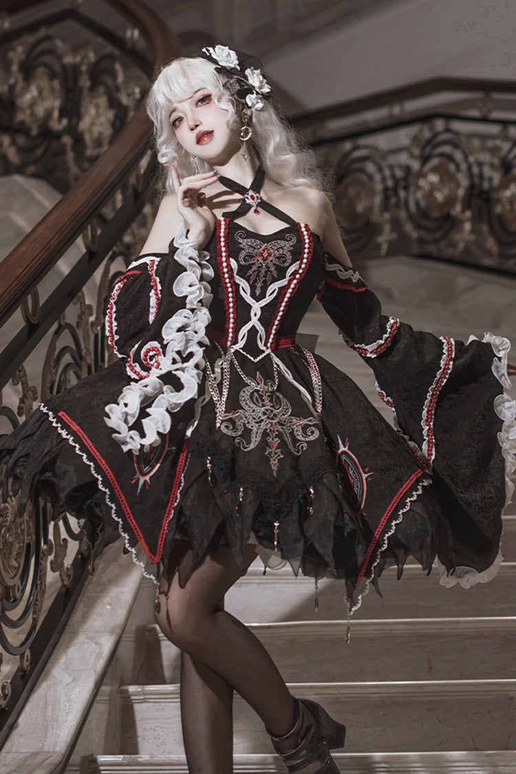 Black [Phantom Devourer] Off Shoulder Long Hime Sleeves Print Embroidery Gothic Lolita Dress - Product - 5