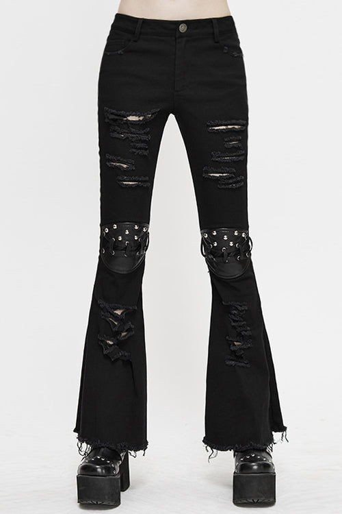 Black Punk Nailed Knee Cutoff Bellbottomed Womens Pants - Black - 1