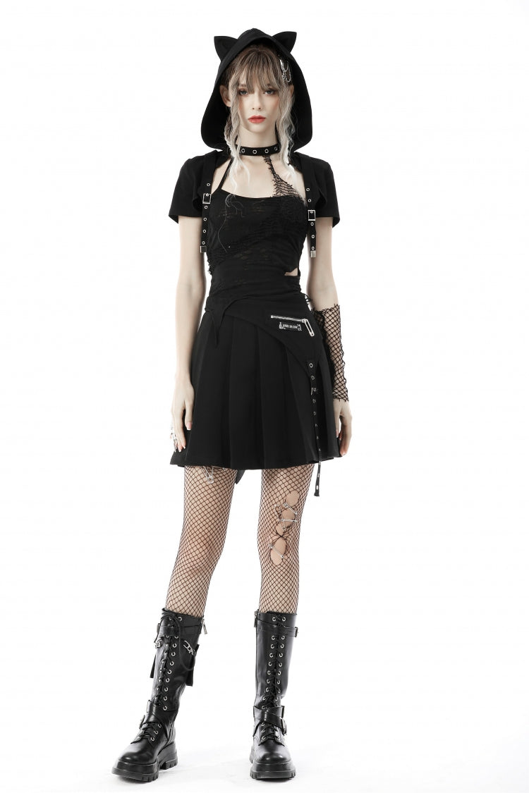 Black Short Sleeves Lace-Up Buckled Women's Punk Cat Ear Hooded Short Cape - Product - 10