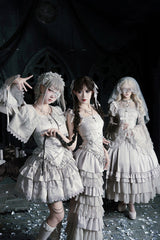 Solid Color [Bionic Doll] Square Collar Multi-Layered Ruffle Bowknot Lace-Up Gothic Lolita Fishtail Skirt Corset Set - Product - 17