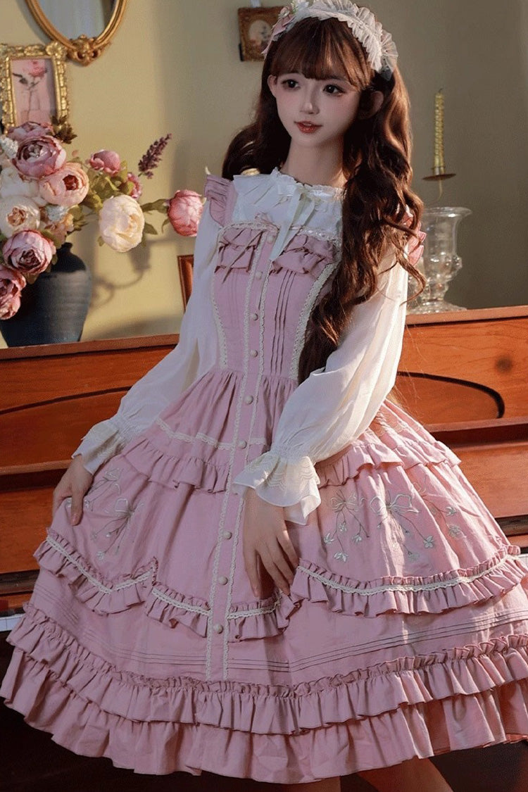 Pink Pastoral Style Double-Layered Ruffle Embroidery Sweet Lolita Jsk Dress - Product - 5