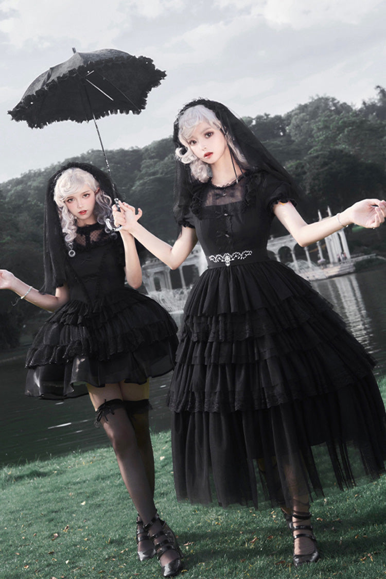 Black Twin Ivory Towers Short Sleeves Five-Layered Ruffle Gothic Lolita Dress - Product - 6