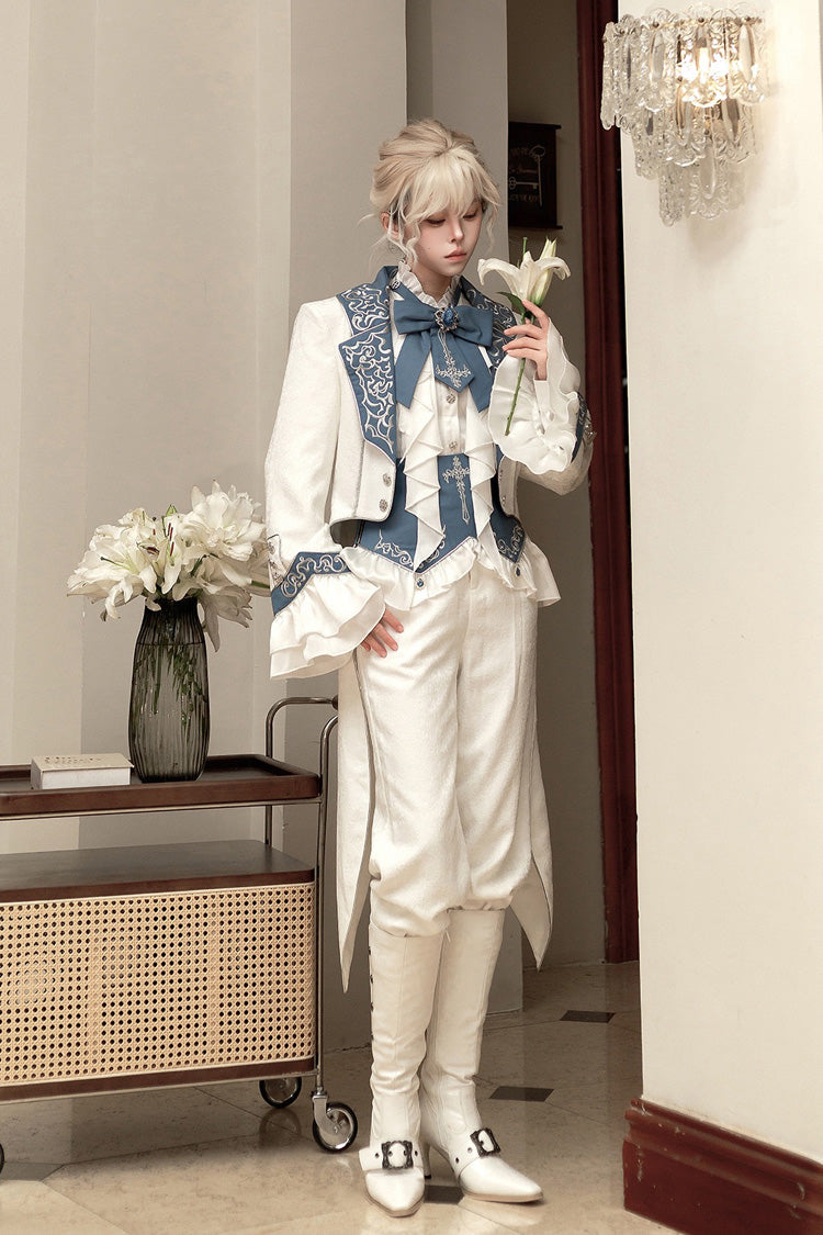 White [Moonlit Paladin Prince] Ruffle Embroidery Bowknot Classic Prince Handsome Ouji Lolita Set - Product - 10