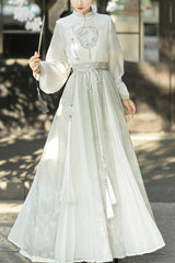 Green Stand Collar Lantern Sleeves High Waisted Embroidery Sweet Chinese Style Hanfu Skirt And Blouse Set - Green - 1
