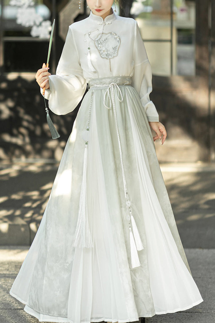 Green Stand Collar Lantern Sleeves High Waisted Embroidery Sweet Chinese Style Hanfu Skirt And Blouse Set - Green - 1