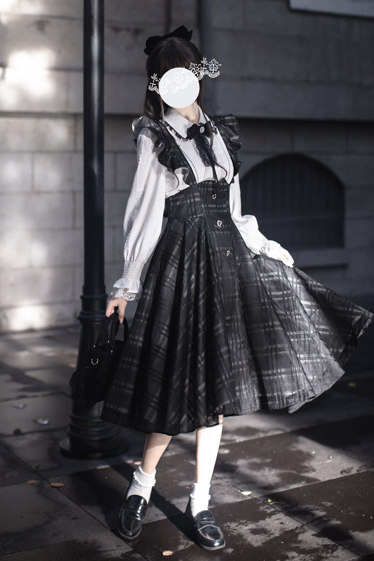 Black Plaid Print Classic College Style Elegant Lolita Strap Dress - Product - 8