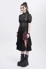 Black Stand Collar Short Puff Sleeves Sheer Mesh Women's Gothic Blouse - Product - 5