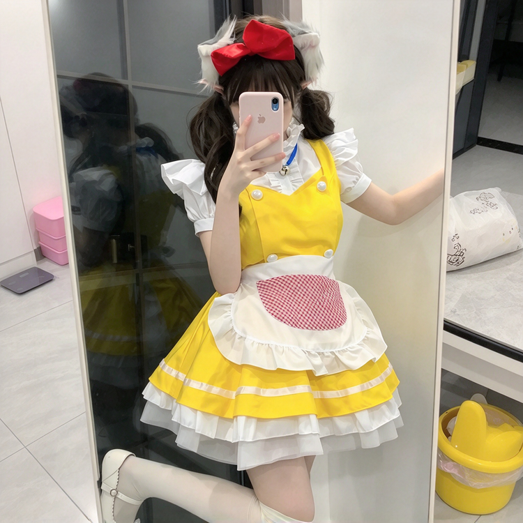 Yellow and White Ruffled Maid Lolita Dress with Apron Bell Accent - view 2