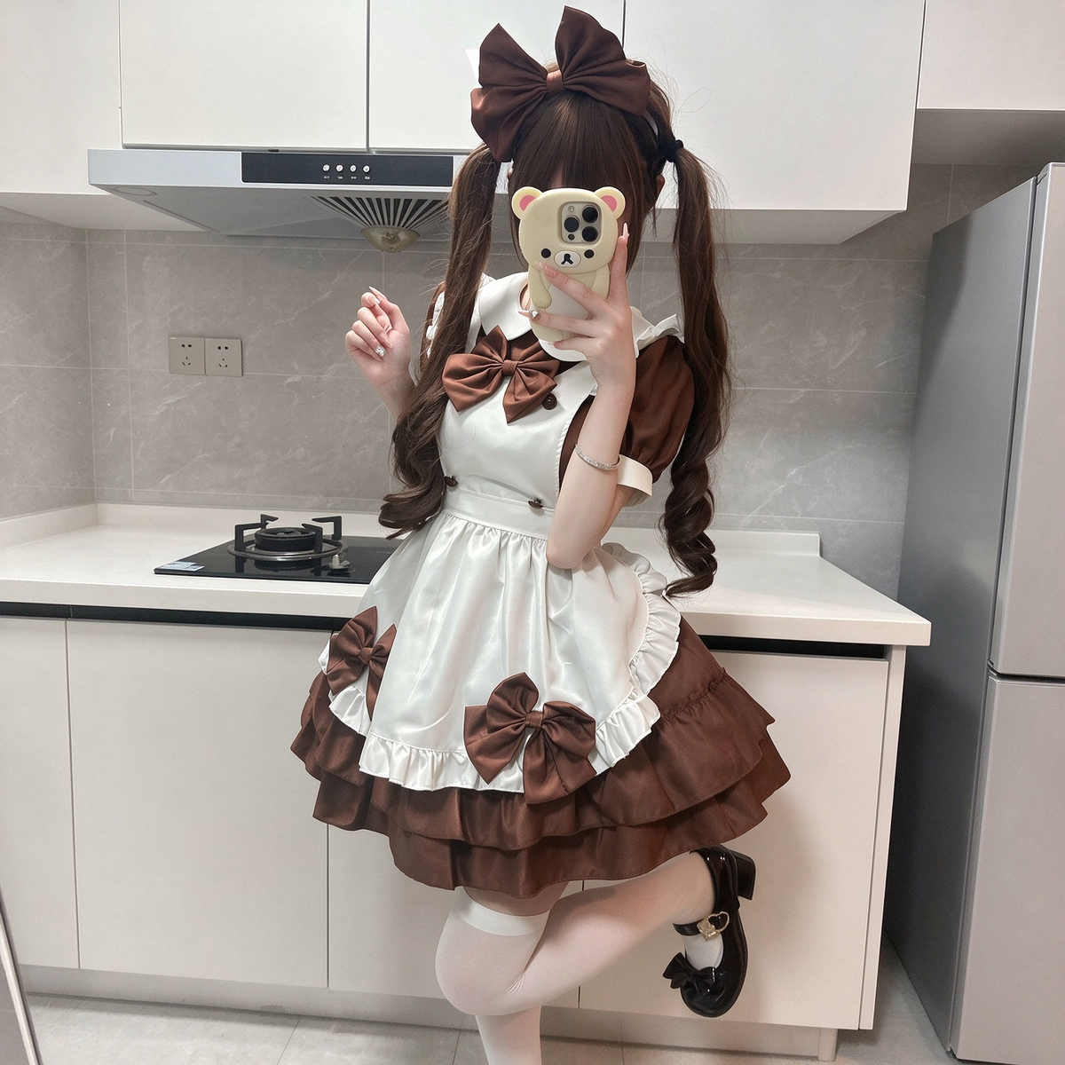 Brown and Pink Ruffled Maid Lolita Dress with Apron Bow Accent - view 9