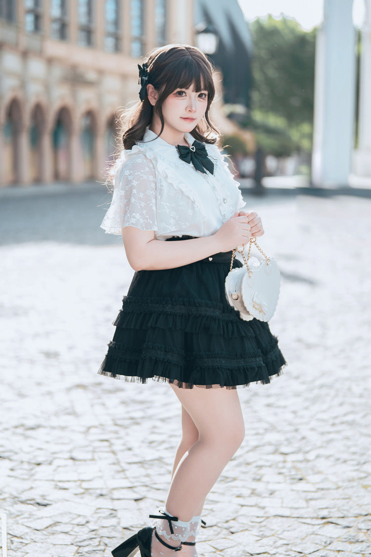 Black/White [Snow Velvet Bunny] Short Sleeves Double-Layered Ruffled Bow Lace Plus Size Japanese Sailor Collar Two-piece Set - Product - 6