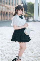 Black/White [Snow Velvet Bunny] Short Sleeves Double-Layered Ruffled Bow Lace Plus Size Japanese Sailor Collar Two-piece Set - Product - 6