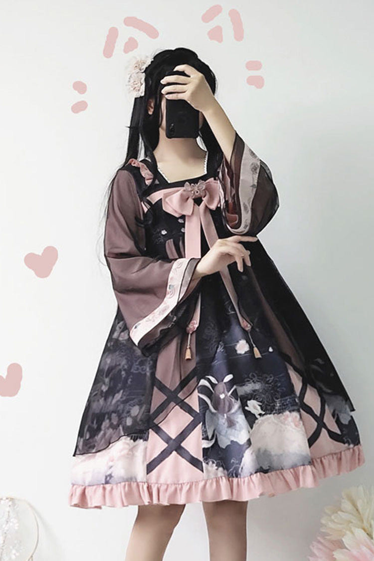 Black/Pink Chinese Style Long Sleeves Chest Bow Chiffon Sweet Lolita OP Dress - Product - 3