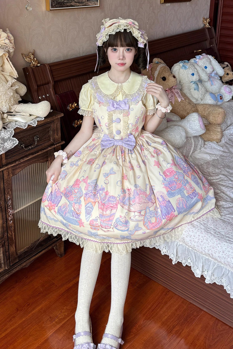 Cream Soda Mermaid Print Light Yellow Bowknot Lace Sweet Lolita Jsk Dress - Product - 2