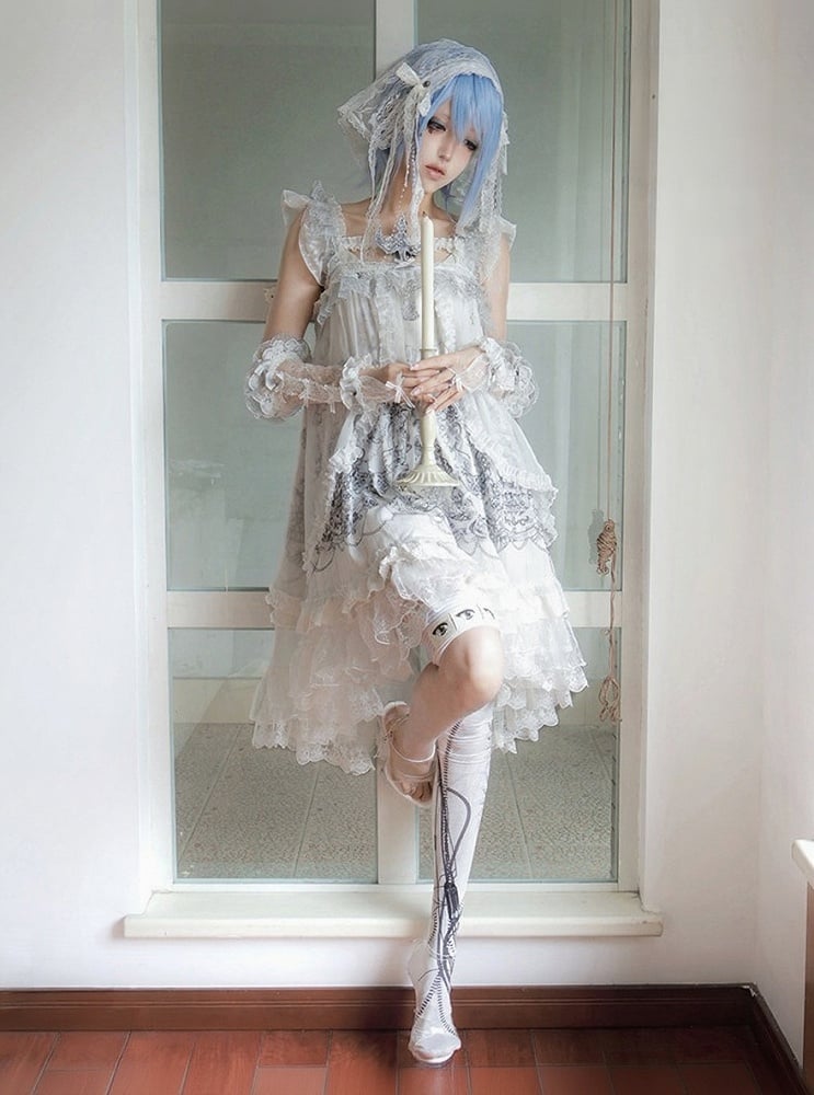 Gothic White Candle Print Waistless Lolita JSK Dress with Lace Details + Choker + Candle Embroidered Brooch Set - view 12