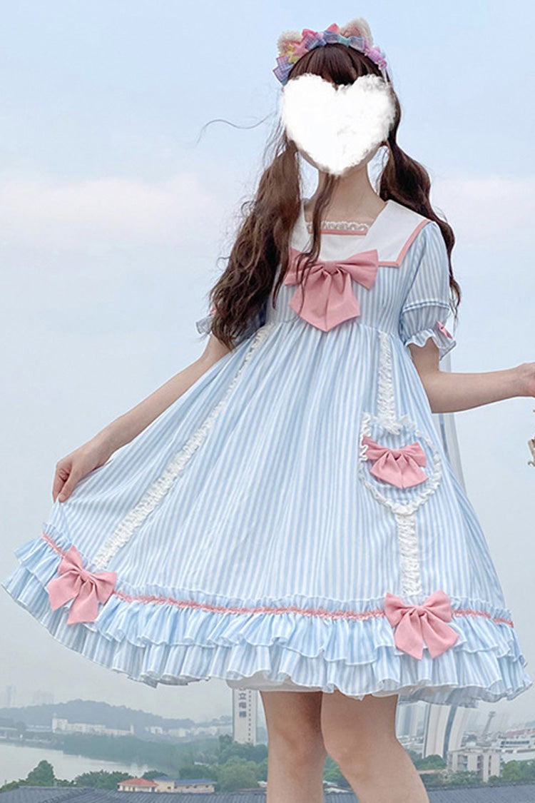 Navy Doll Collar Headbow Short Sleeve Striped Sweet Lolita Dress - Product - 2