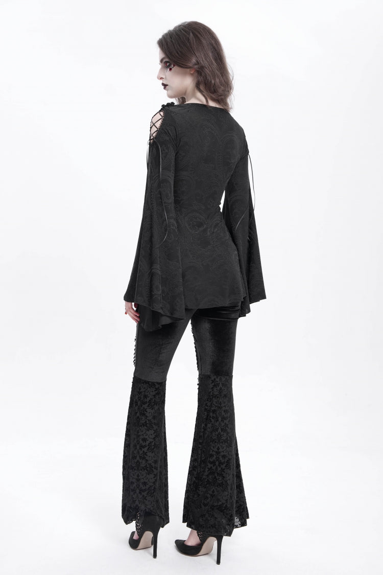 Black Long Trumpet Sleeves Print Embroidery Women's Gothic Blouse - Product - 5