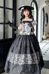 Black [Pin-Up Girl] Boat Neck Printed Ruffled Bow Lace-Up Asymmetric Gothic Elegant Lolita Skirt Set - Product - 8