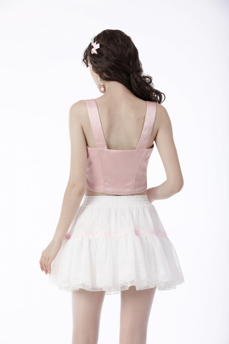 White Women's Gothic Lolita Bowknot Multi-Layered Lace Trim Mini Skirt - Product - 7