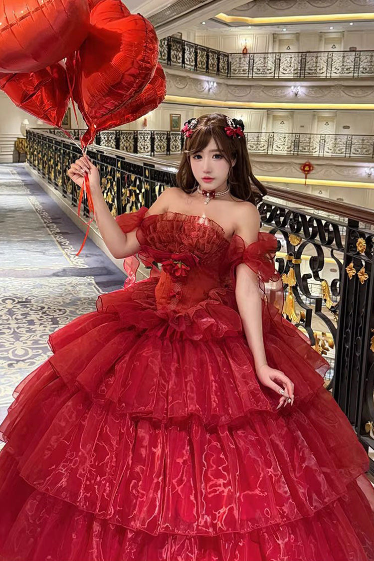 Red [Mousse Love Song] Sleeveless Multi-Layered Ruffled Hanayome Bow Sweet Lolita Dress - Product - 4