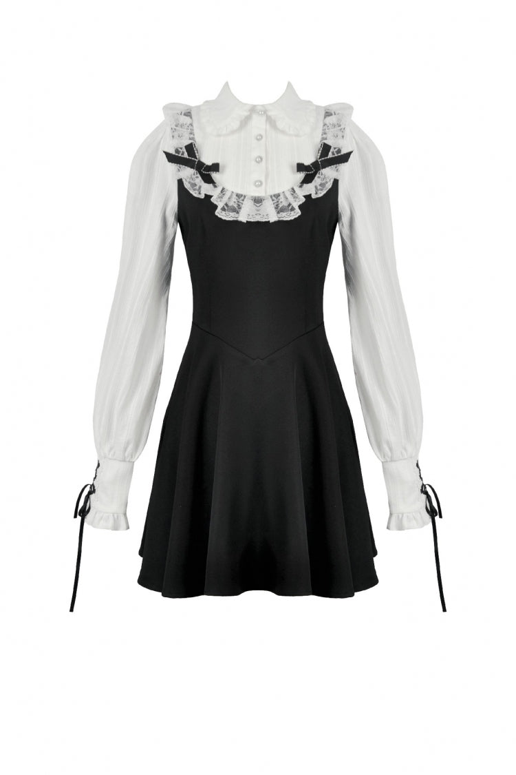 Black/White Faux Two-Piece Doll Collar Long Sleeves Lace-Up Women's Lolita Gothic Graduation Dress - Product - 3