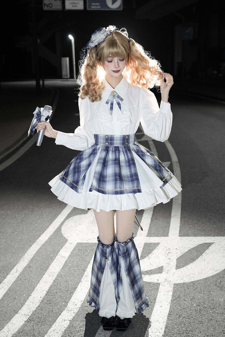 Blue [Little Starlight Idol] Lapel Collar Long Sleeves Double-Layered Printed Ruffled Bow Sweet Japanese Lolita Skirt Set - Product - 19