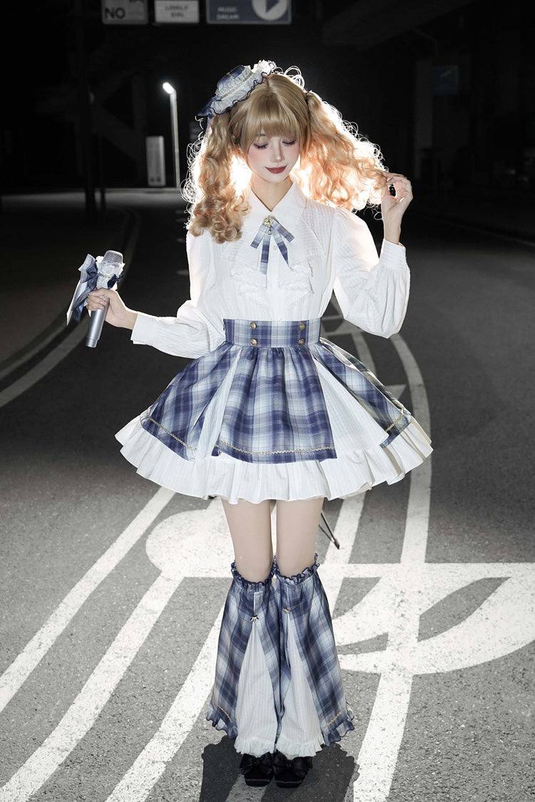 Blue [Little Starlight Idol] Lapel Collar Long Sleeves Double-Layered Printed Ruffled Bow Sweet Japanese Lolita Skirt Set - Product - 19
