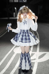 Blue [Little Starlight Idol] Lapel Collar Long Sleeves Double-Layered Printed Ruffled Bow Sweet Japanese Lolita Skirt Set - Product - 19