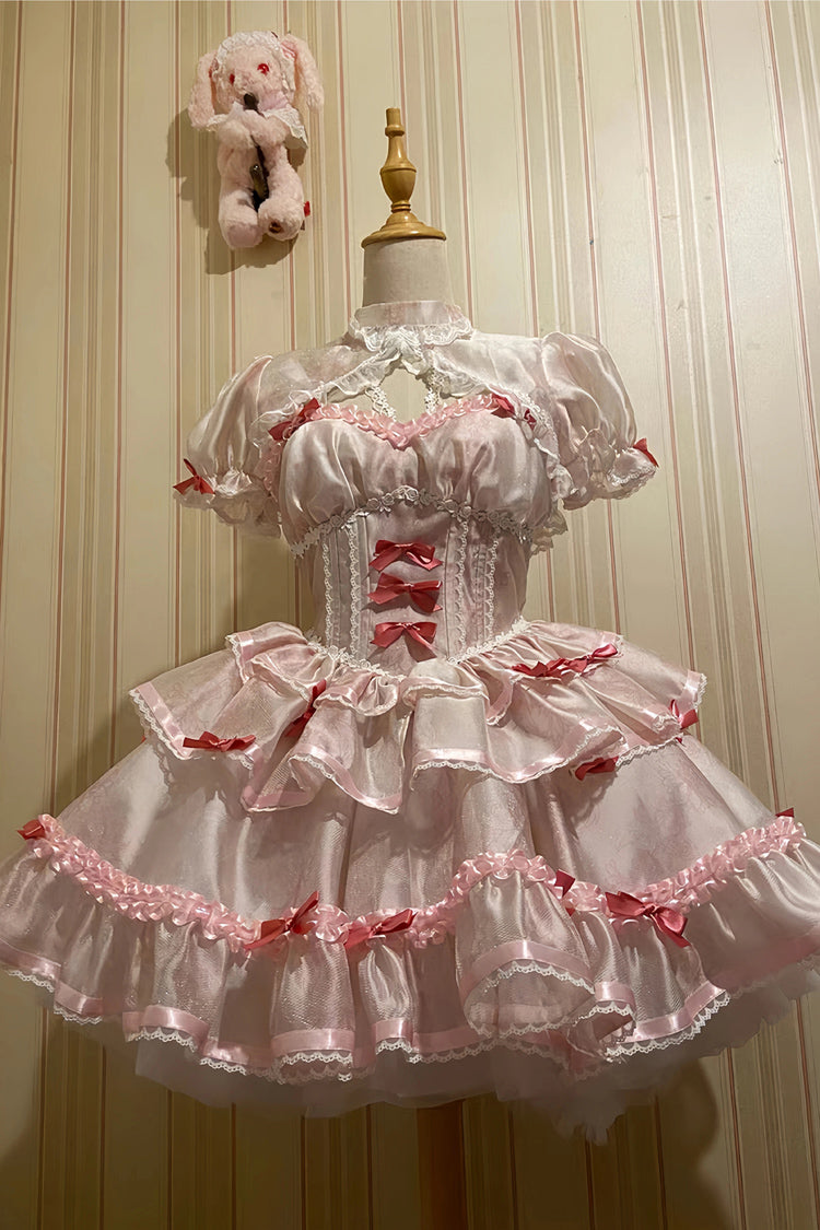 White/Pink Multi-layer Ruffle Ballet Bowknot Sweet Lolita Jsk Dress - Product - 3
