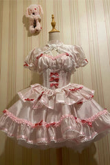 White/Pink Multi-layer Ruffle Ballet Bowknot Sweet Lolita Jsk Dress - Product - 3