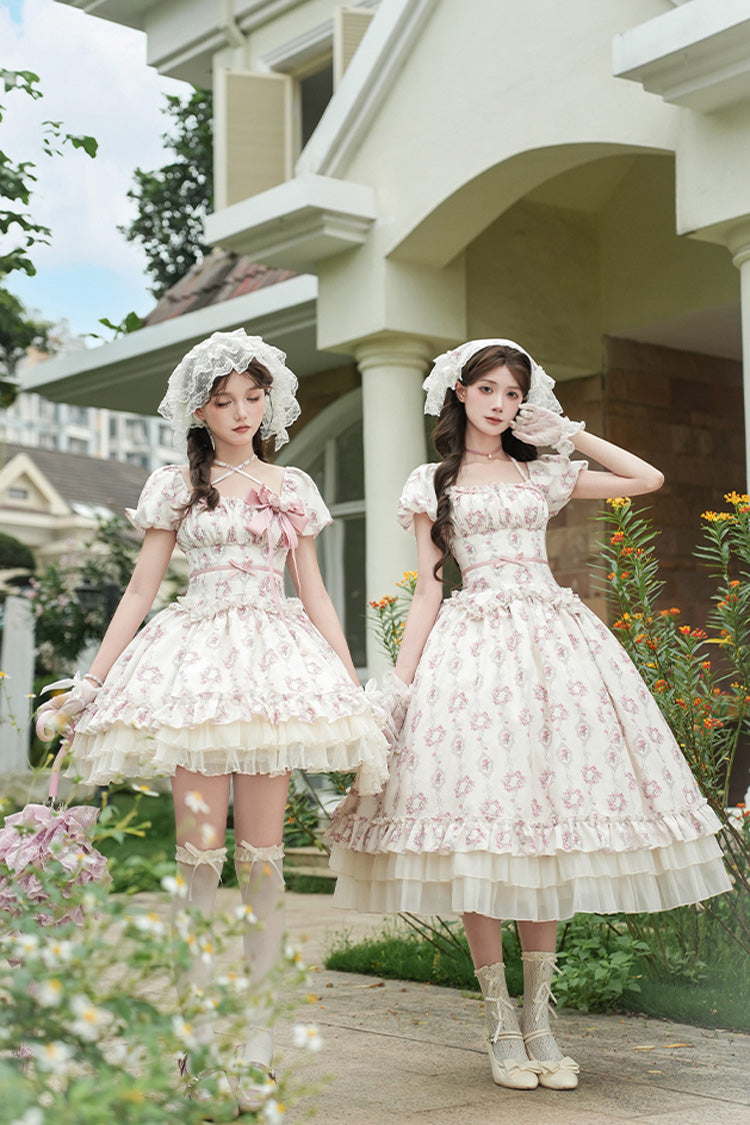 Ivory [Rose After The Rain] Short Sleeves Triple-Layered Print Ruffle Bowknot Lace-Up Sweet Lolita Short Dress - Product - 13
