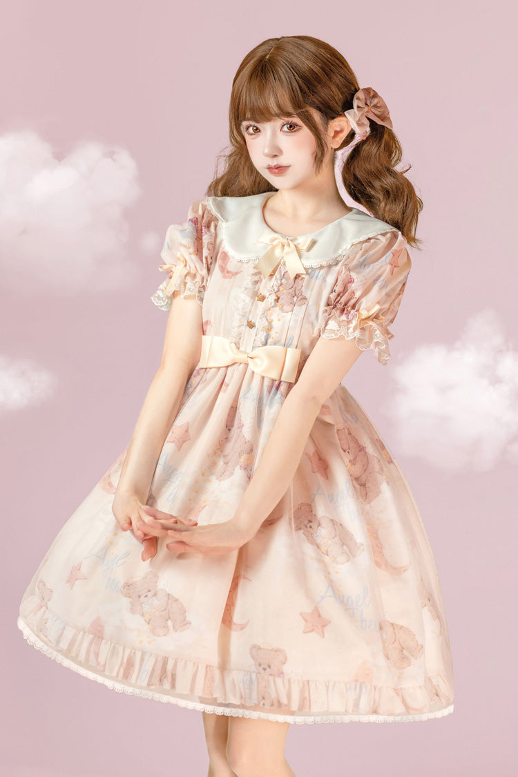 Star Wishing Bear Print Short Sleeves Bowknot Sweet Lolita Dress 2 Colors - Ivory - 3