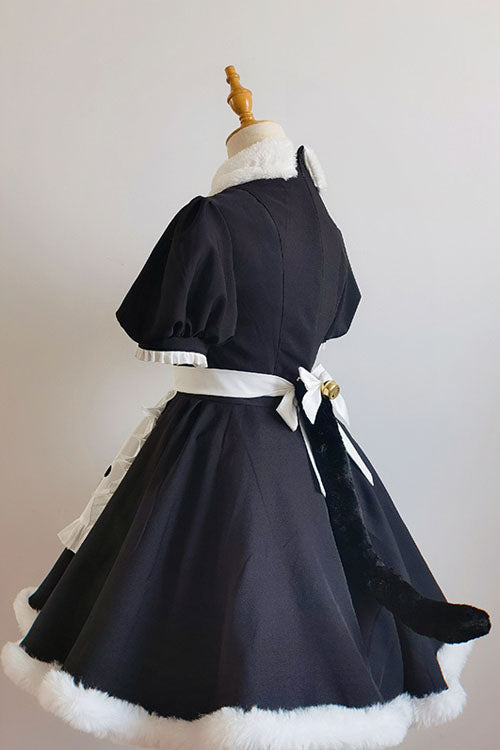 Black/White Cat Paw Print Short Sleeves Maid Sweet Lolita Dress Set - Product - 6