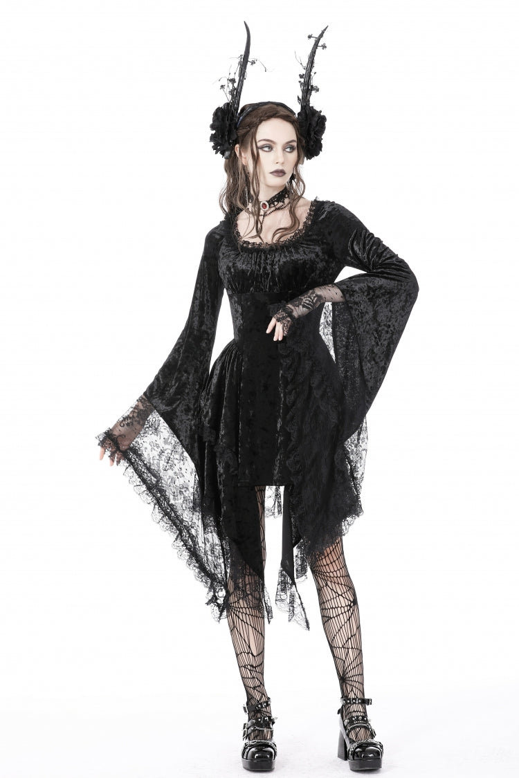 Black Irregular Long Trumpet Sleeves Lace Spliced Women's Gothic Velvet Graduation Dress - Product - 7
