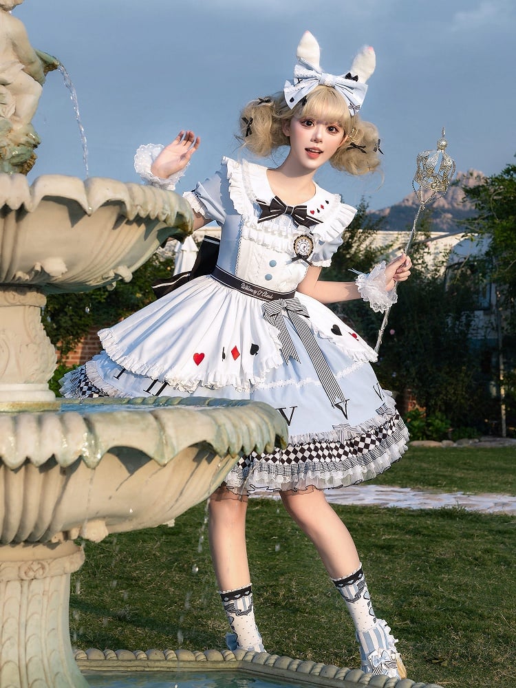 Blue & White Alice in Wonderland Sweet Lolita Dress + Apron detail view 10
