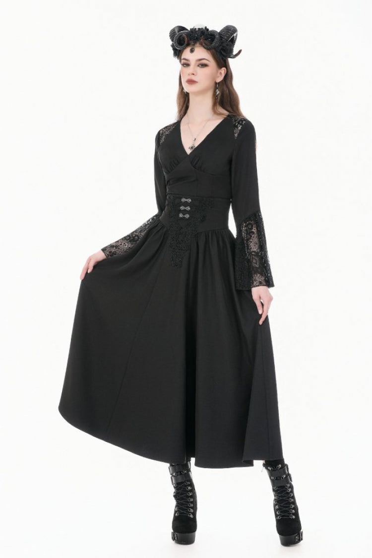 Black Women's Gothic High Waisted Embroidered Gathered Maxi Skirt - Black - 1