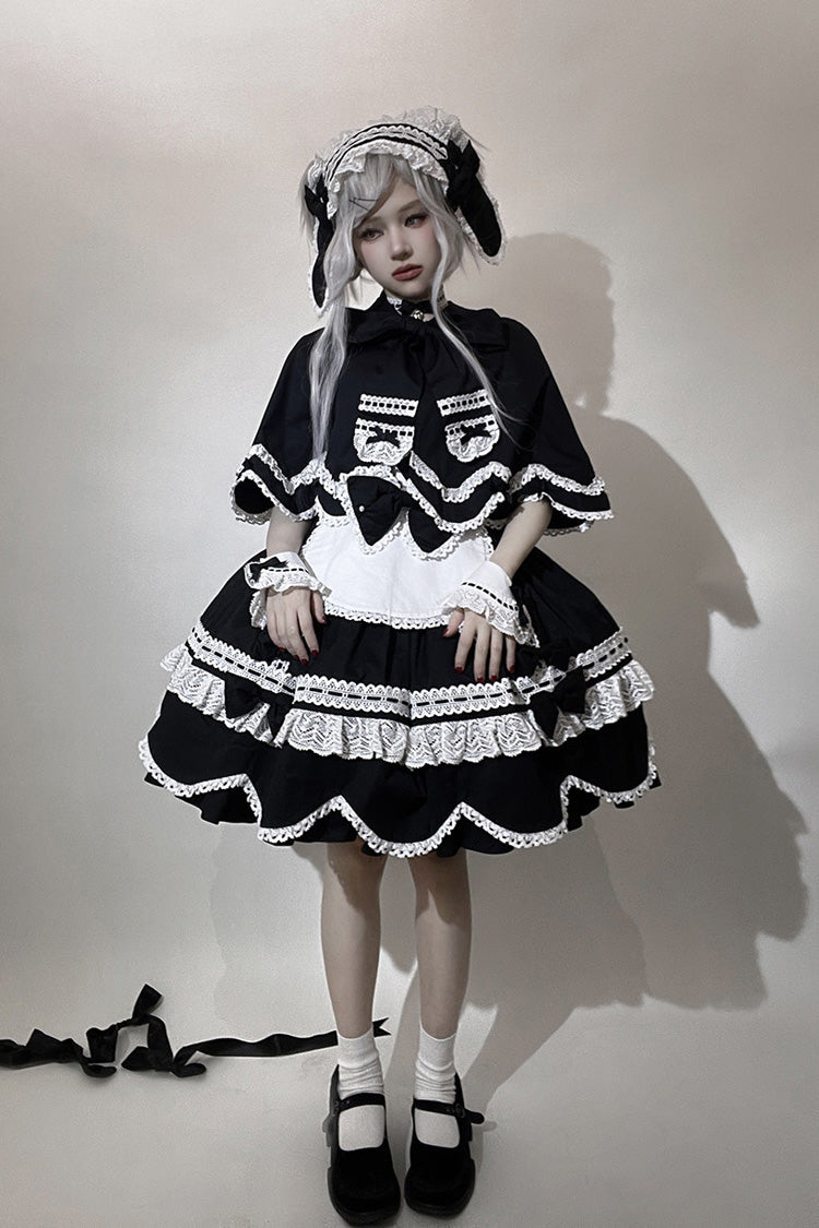Black [Petal Bunny] Cotton Square Collar Short Sleeves Double-Layered Ruffled Bow Lace Lace-Up Sweet Lolita Dress - Product - 2