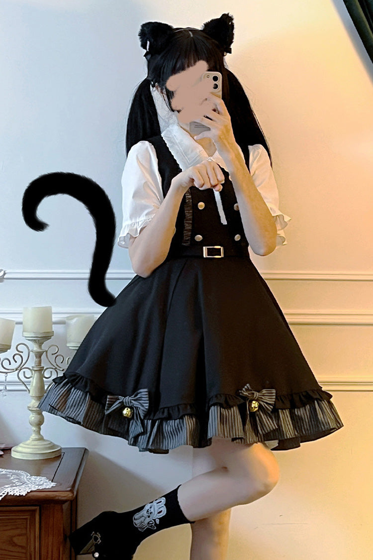 Black Ruffle Bowknot College Style Gothic Lolita Strap Dress - Black - 1