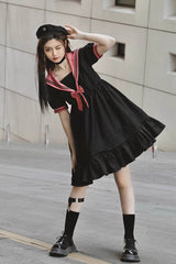 Black Voyage To Atlantis Navy Style Short Sleeves Ruffle Gothic Lolita Dress - Product - 2