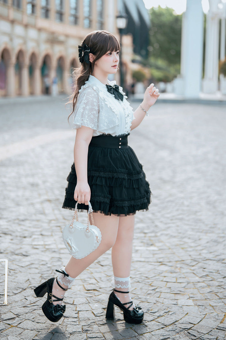 Black/White [Snow Velvet Bunny] Short Sleeves Double-Layered Ruffled Bow Lace Plus Size Japanese Sailor Collar Two-piece Set - Product - 8
