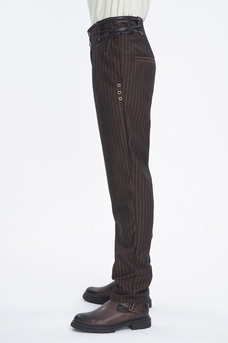 Brown High Waisted Lace-Up Striped Men's Gothic Pants - Product - 2
