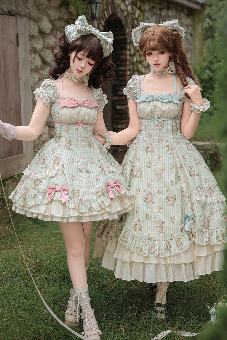 Green [An Encounter with Austin] Square Collar Short Sleeves Multi-Layered Rose Printed Ruffled Bow Lace Sweet Lolita Dress 2 Versions - Green(Short-Version) - 1