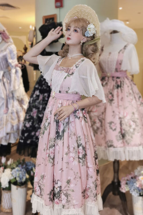 Pink Elegant Vintage French Rose Print Square Collar Ruffled Classic Lolita OP Dress - Product - 3