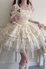 Apricot [Ribbon Heart Love] Sleeveless Multi-Layered Ruffle Bowknot Lace Lace-Up Sweet Princess Ballet Lolita Jsk Dress - Product - 3