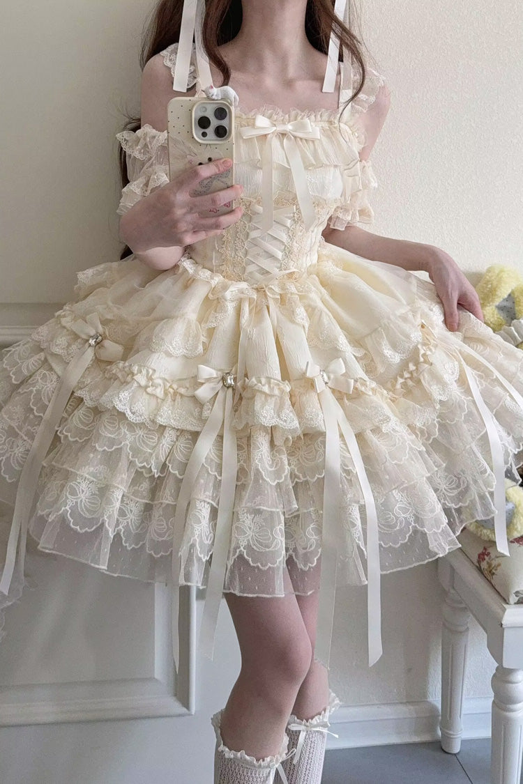 Apricot [Ribbon Heart Love] Sleeveless Multi-Layered Ruffle Bowknot Lace Lace-Up Sweet Princess Ballet Lolita Jsk Dress - Product - 3
